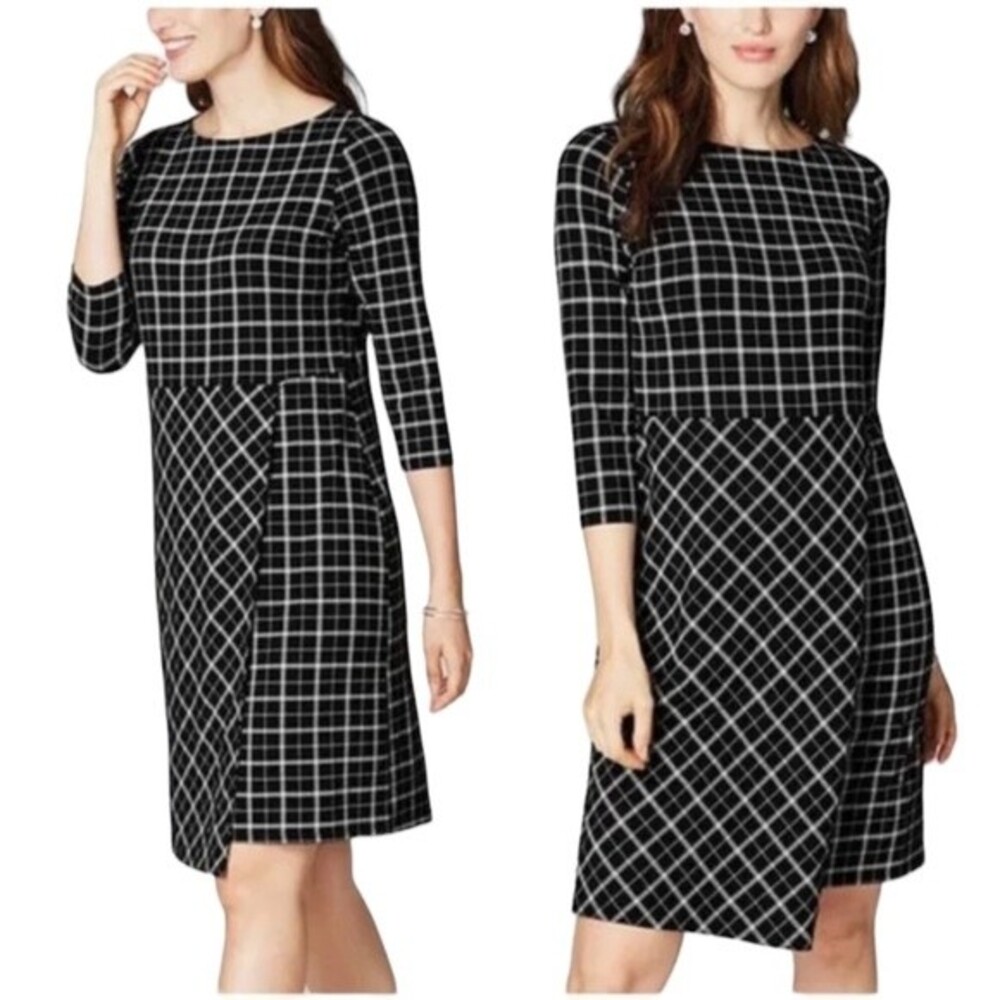 J Jill Wearever Plaid Windowpane Faux Wrap Dress 3/4 Sleeve Stretchy Career Work